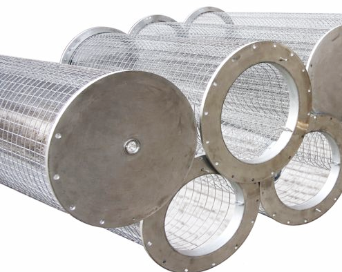 Technical diagram showing cross-section of fiber bed with labeled components including inlet distributor and fiber layers