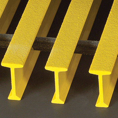 Gray heavy duty fiberglass grating with T-bar construction and thick cross rods