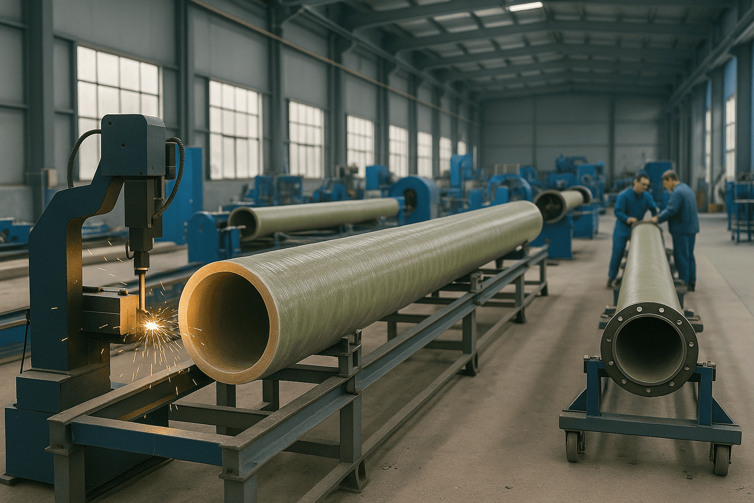 Modern production line with skilled technicians assembling pipe systems